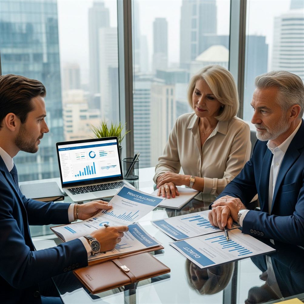 Wealth manager presenting annuity strategy to executive couple in modern office