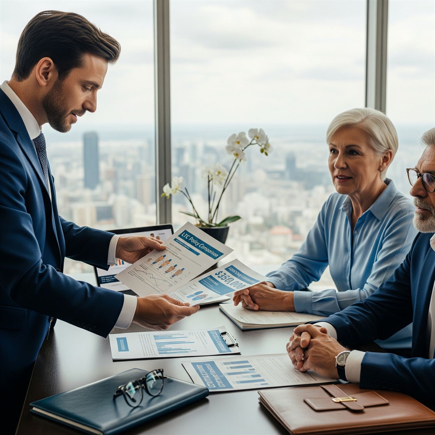 Financial advisor reviewing LTC options with executive couple