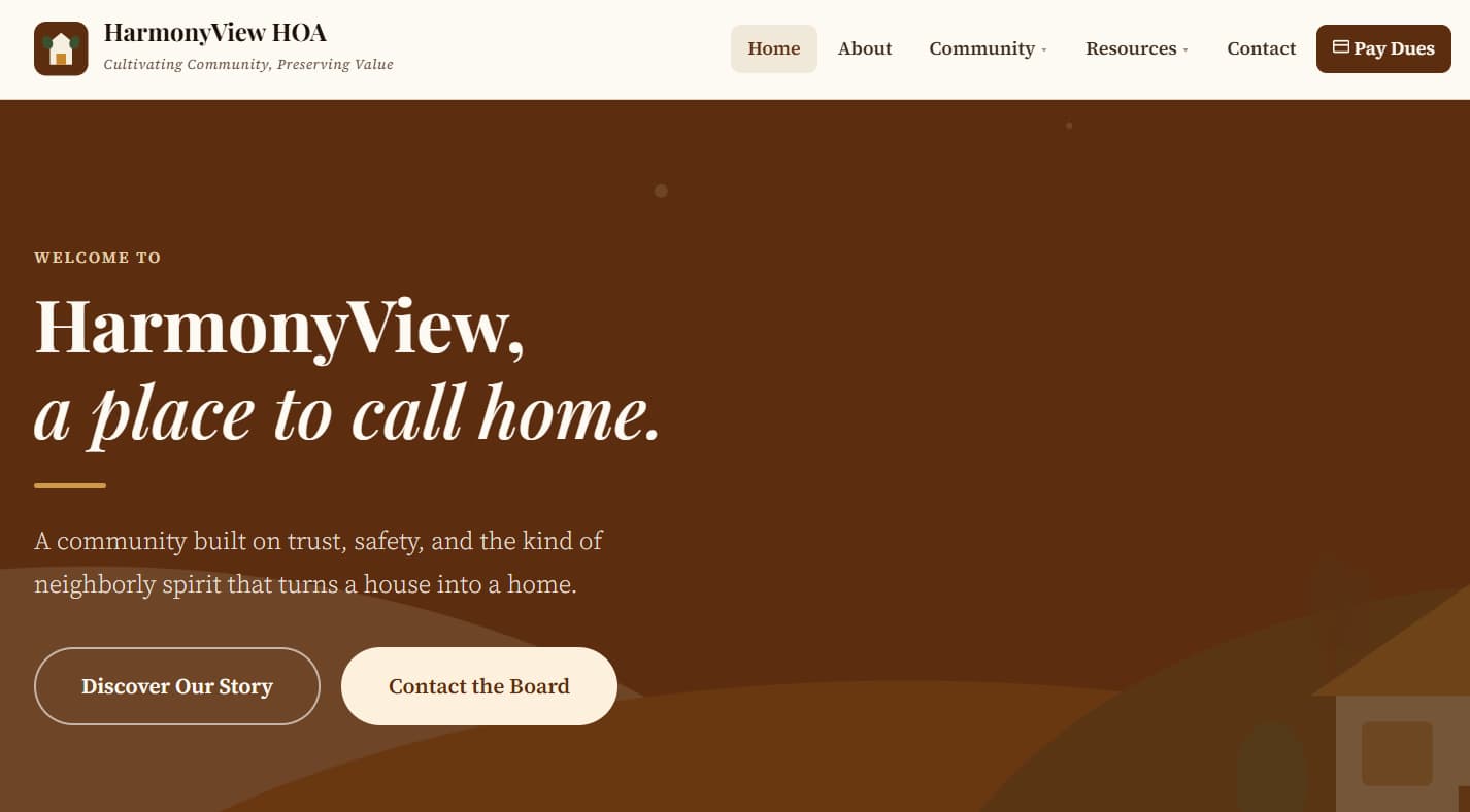 Screenshot of HarmonyView HOA — Warm