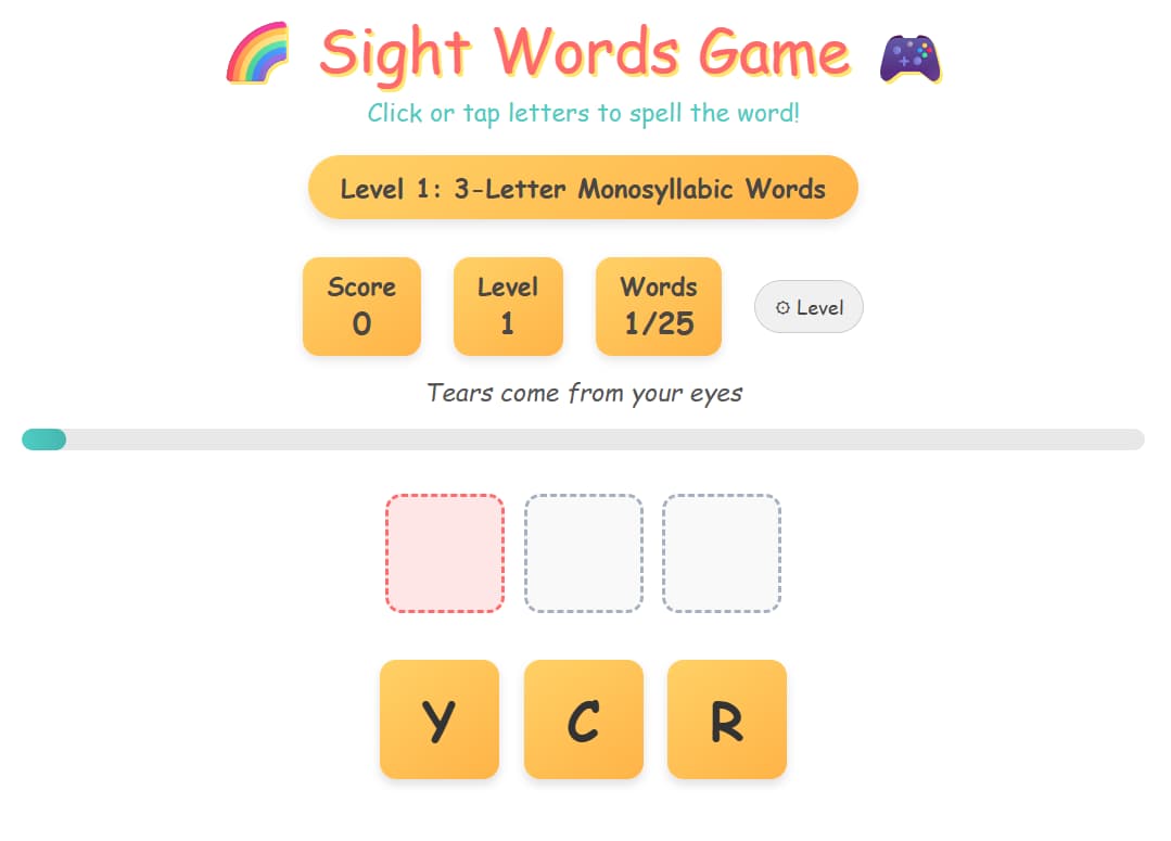 Screenshot of Sight Words Teaching Game
