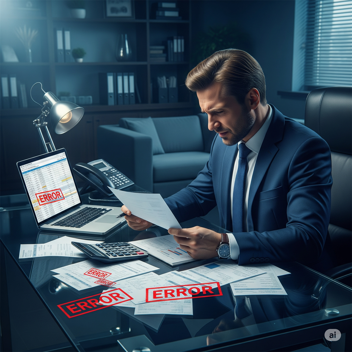 Frustrated executive reviewing financial documents with calculator and red pen