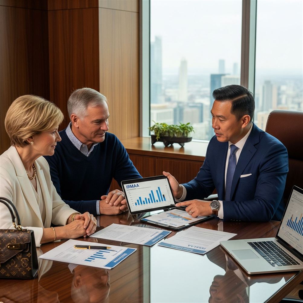 Executive couple meeting with financial advisor to review Medicare options