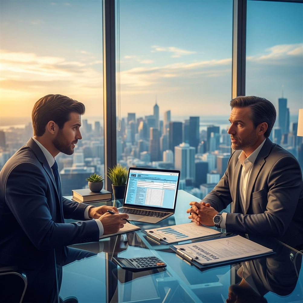 Executive reviewing tax documents with financial advisor in modern office