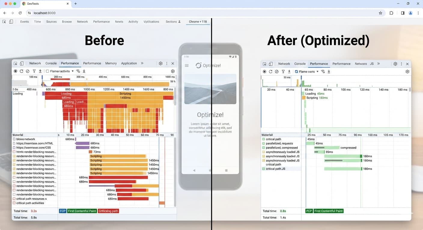 Chrome DevTools showing CRP timeline before and after optimization